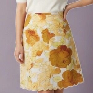 Dane Lewis Silk Floral Skirt Women 8P Yellow Scalloped Hem A-Line Petite VTG